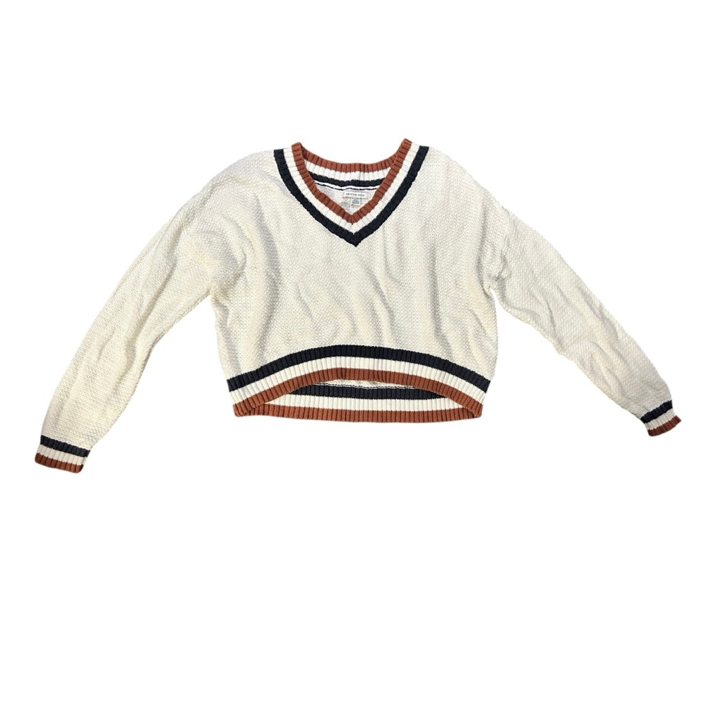 American Eagle White Brown V-Neck Sweater XS - Picture 2 of 7